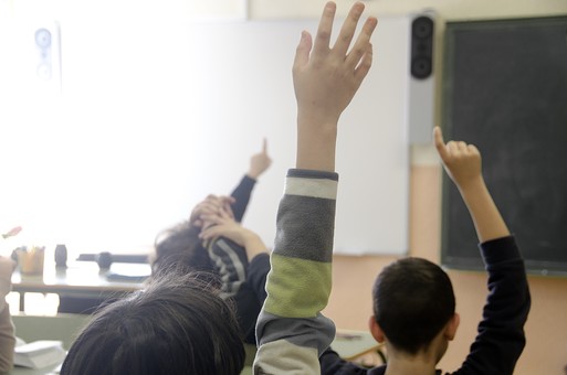 小学校の授業で挙手する子供達